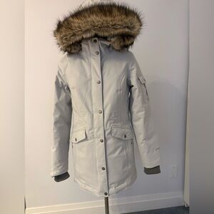 Eddie Bauer Women's Light Gray Ski Jacket with Faux Fur Hood